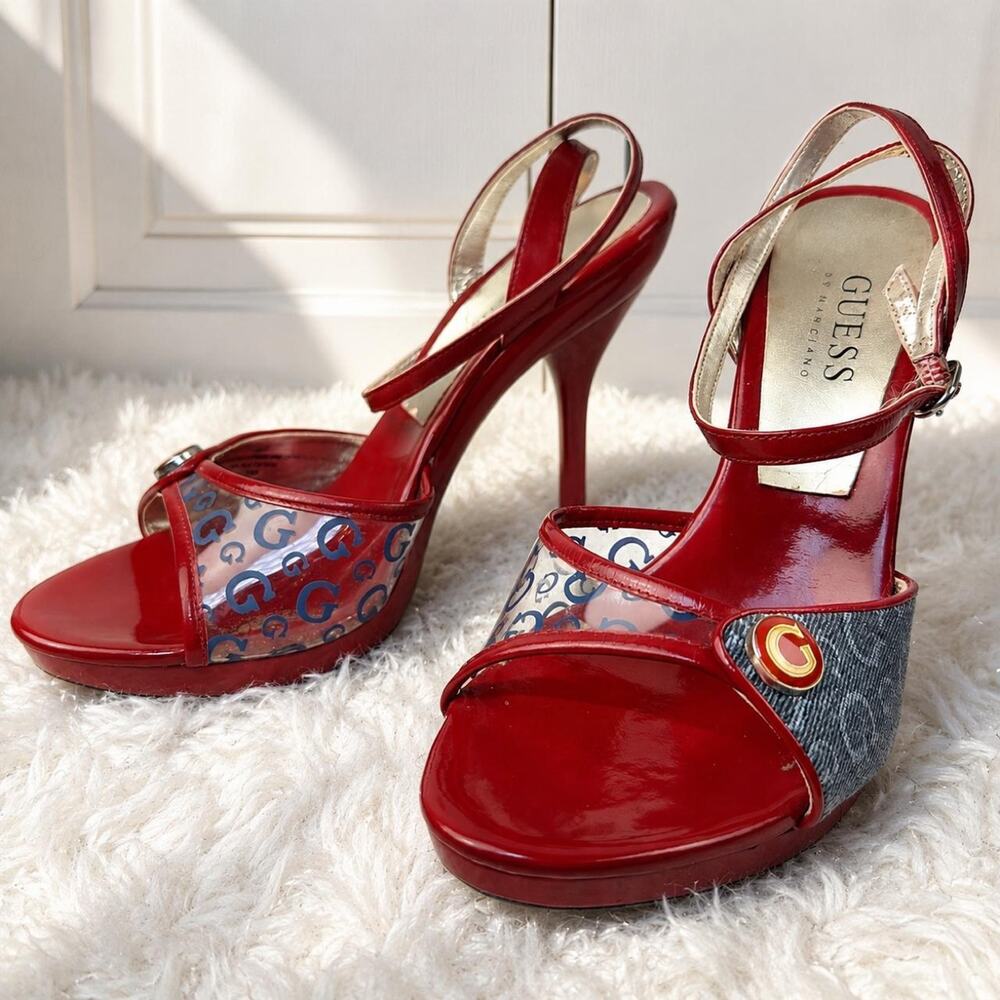 Guess Y2K Red Logo Clear PVC Platform Stiletto Heels Designer Open Toe Sandals